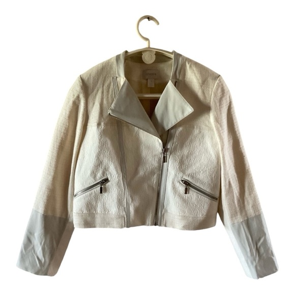 Chico’s Moto Jacket Mixed Media Fabric Zip Closure Ivory Size M (8) Chico's 1 - Picture 1 of 15